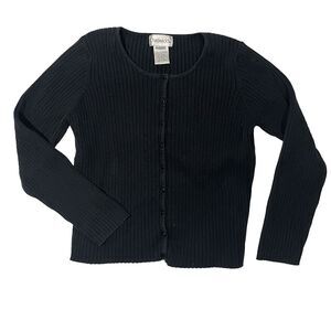 Vintage Chadwicks Cardigan Size L Black Ribbed Button Front Made in Japan